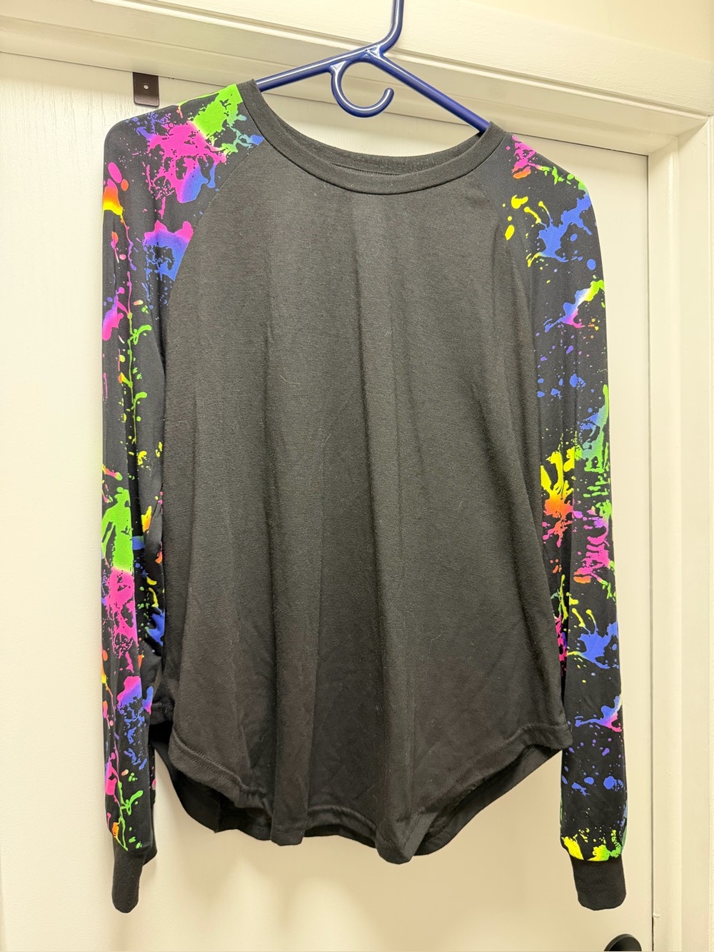 Black Long-Sleeve Top with Neon Paint-Splash Sleeves
